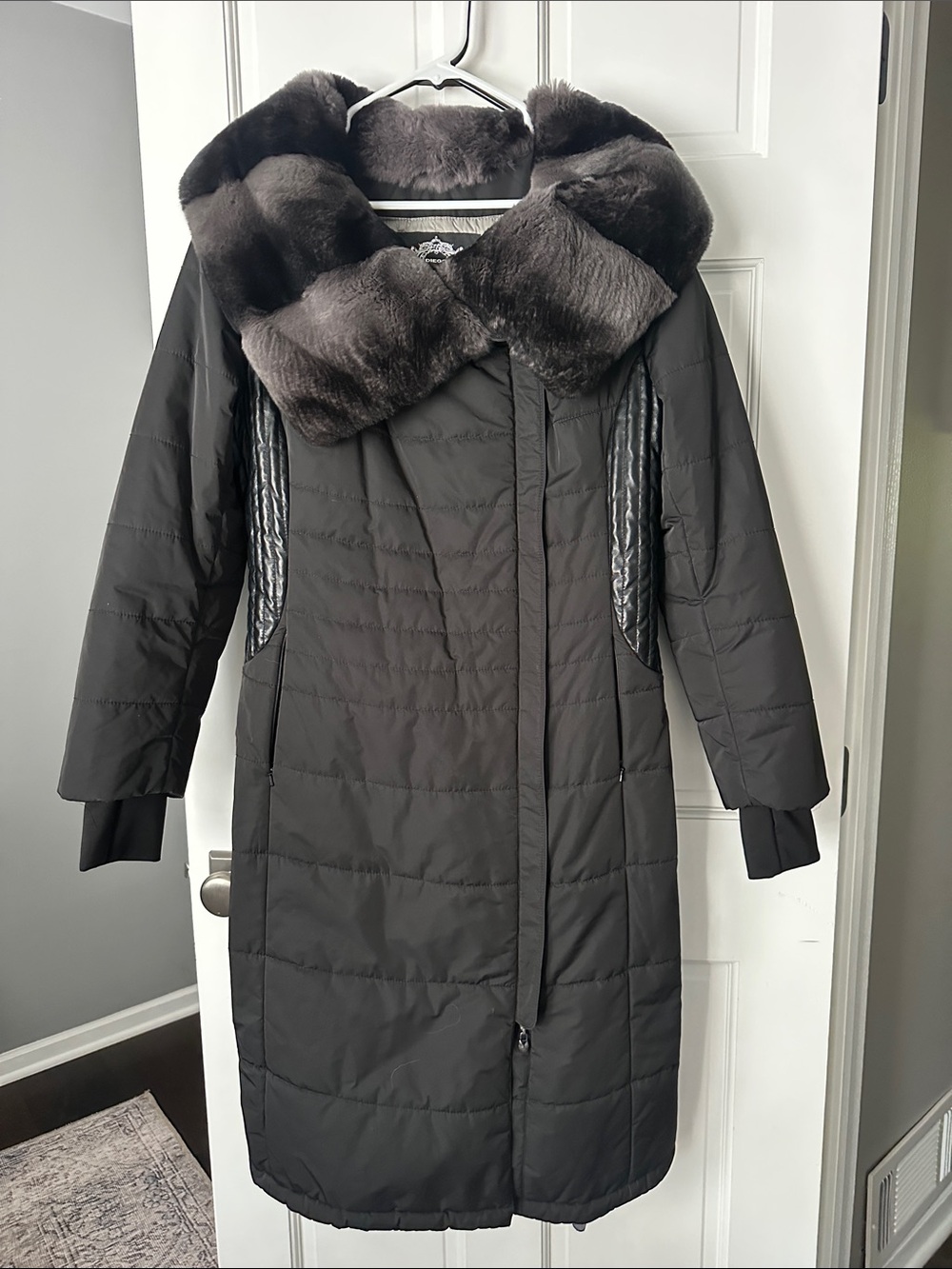 Diego M Women's Black Long Puffer Coat with Genuine Rabbit Fur Collar